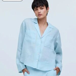 Madewell Resort Shirt Womens XS Long Sleeve Button Up Ramie Blouse Crop Blue